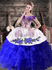 Fine Royal Blue Lace Up Off The Shoulder Embroidery and Ruffles Quinceanera Dress Organza Sleeveless