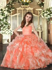 Peach Lace Up Straps Ruffles Kids Pageant Dress Organza Sleeveless