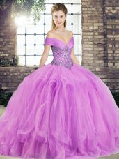 Shining Lilac Sleeveless Floor Length Beading and Ruffles Lace Up Quinceanera Dress