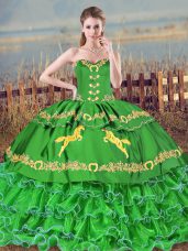 Cute Sleeveless Embroidery and Ruffled Layers Lace Up 15 Quinceanera Dress with Green Brush Train