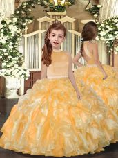 Halter Top Sleeveless Evening Gowns Floor Length Beading and Ruffles Gold Organza