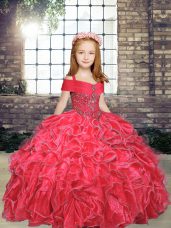 Sleeveless Lace Up Floor Length Beading and Ruffles Little Girl Pageant Gowns