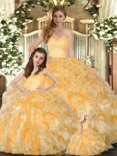 Extravagant Beading and Ruffles Sweet 16 Dresses Gold Lace Up Sleeveless Floor Length
