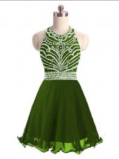 Sleeveless Mini Length Beading Lace Up Prom Dress with Olive Green