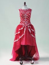 Super High Low Wine Red Celebrity Prom Dress Tulle Sleeveless Beading and Appliques