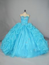 Sweetheart Sleeveless Lace Up Quinceanera Gown Blue Organza