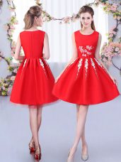 Red Satin and Tulle Zipper Scoop Sleeveless Knee Length Wedding Party Dress Appliques