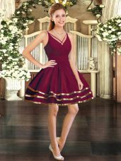 Burgundy Ball Gowns V-neck Long Sleeves Tulle Mini Length Backless Ruffled Layers Junior Homecoming Dress