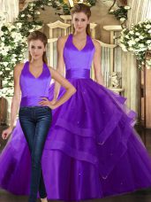 Purple Two Pieces Ruffled Layers Ball Gown Prom Dress Lace Up Tulle Sleeveless Floor Length