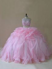 Fantastic Halter Top Sleeveless Brush Train Lace Up Sweet 16 Dresses Baby Pink Organza