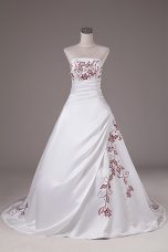 White Satin Lace Up Bridal Gown Sleeveless Brush Train Embroidery