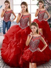 Ball Gowns Quinceanera Gown Red Scoop Organza Sleeveless Floor Length Zipper