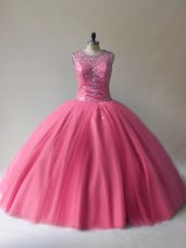 Shining Floor Length Rose Pink Quinceanera Gowns Tulle Sleeveless Beading