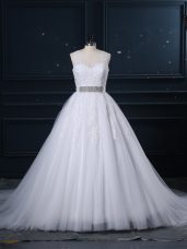 Luxury Sleeveless Brush Train Beading and Lace Zipper Wedding Dress