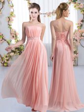Beauteous Pink Lace Up Strapless Beading Bridesmaid Gown Chiffon Sleeveless Sweep Train
