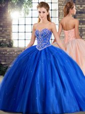 Noble Blue Quince Ball Gowns Military Ball and Sweet 16 and Quinceanera with Beading Sweetheart Sleeveless Brush Train Lace Up