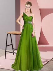Smart Olive Green One Shoulder Neckline Beading Party Dress for Toddlers Sleeveless Criss Cross