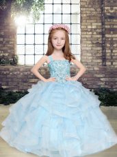 Beading and Ruffles Little Girl Pageant Gowns Light Blue Lace Up Sleeveless Floor Length