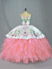 Organza Sleeveless Floor Length Quinceanera Dresses and Embroidery and Ruffles