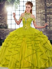 Custom Fit Floor Length Olive Green Sweet 16 Dresses Halter Top Sleeveless Lace Up