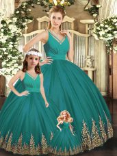 Glittering Turquoise V-neck Backless Embroidery Sweet 16 Dress Sleeveless