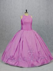 Scoop Sleeveless Sweet 16 Quinceanera Dress Floor Length Embroidery Lilac Satin