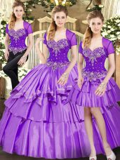 Luxury Lavender Lace Up Quinceanera Gown Beading and Ruffled Layers Sleeveless Floor Length