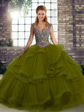 Luxurious Olive Green Sweet 16 Dress Military Ball and Sweet 16 and Quinceanera with Beading and Ruffles Straps Sleeveless Lace Up