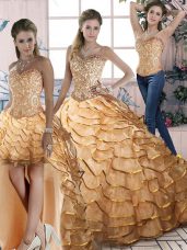 Organza Halter Top Sleeveless Brush Train Lace Up Ruffled Layers Quinceanera Dresses in Gold