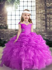 Custom Design Fuchsia Organza Lace Up Little Girls Pageant Gowns Sleeveless Floor Length Beading and Ruffles and Pick Ups