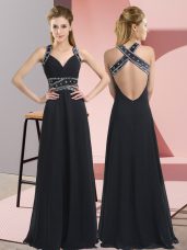 Sleeveless Floor Length Beading Backless Homecoming Dress with Black
