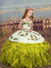 Olive Green Organza Lace Up Straps Sleeveless Floor Length Kids Formal Wear Embroidery and Ruffles