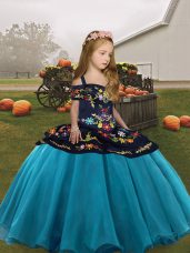 Beautiful Teal Organza Lace Up Straps Sleeveless Floor Length Little Girls Pageant Dress Embroidery