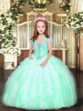 Apple Green Tulle Lace Up Straps Sleeveless Floor Length Girls Pageant Dresses Beading and Ruffles