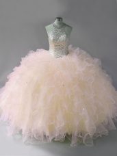 Fine Pink Ball Gowns Halter Top Sleeveless Tulle Floor Length Lace Up Beading and Ruffles Quinceanera Gowns