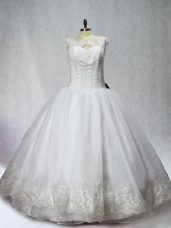 Attractive Sleeveless Organza Floor Length Lace Up Quinceanera Dress in White with Beading and Appliques