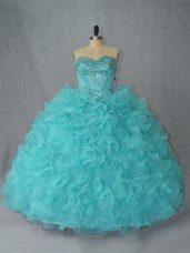 Aqua Blue Ball Gowns Beading and Ruffles Quinceanera Gown Lace Up Organza Sleeveless