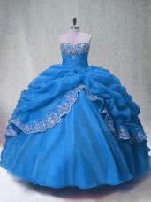 Wonderful Floor Length Lace Up Vestidos de Quinceanera Blue for Sweet 16 and Quinceanera with Beading and Appliques and Pick Ups