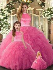 Attractive Hot Pink Halter Top Backless Beading and Ruffles Vestidos de Quinceanera Sleeveless