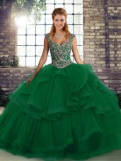 Green Ball Gowns Beading and Ruffles 15 Quinceanera Dress Lace Up Tulle Sleeveless Floor Length