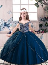 Floor Length Ball Gowns Sleeveless Navy Blue Little Girls Pageant Gowns Lace Up