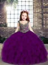 Purple Girls Pageant Dresses Party and Military Ball and Wedding Party with Beading and Ruffles Straps Sleeveless Lace Up