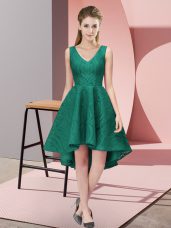 Peacock Green Court Dresses for Sweet 16 Wedding Party with Lace V-neck Sleeveless Zipper