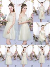 Scoop Sleeveless Bridesmaid Dresses Mini Length Lace and Bowknot Champagne Tulle