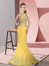Gold Mermaid Satin High-neck Sleeveless Beading and Appliques Zipper Homecoming Dress Sweep Train