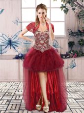 Hot Sale Burgundy Pageant Dress Prom and Party with Beading and Ruffles Off The Shoulder Sleeveless Lace Up