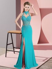 Fitting Aqua Blue Column/Sheath Beading Celebrity Prom Dress Backless Chiffon Sleeveless Floor Length