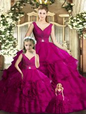 Shining Floor Length Fuchsia Vestidos de Quinceanera V-neck Sleeveless Backless