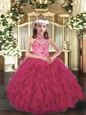 Perfect Hot Pink Organza Lace Up Kids Pageant Dress Sleeveless Floor Length Appliques and Ruffles