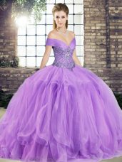 New Arrival Lavender Lace Up Sweet 16 Dress Beading and Ruffles Sleeveless Floor Length